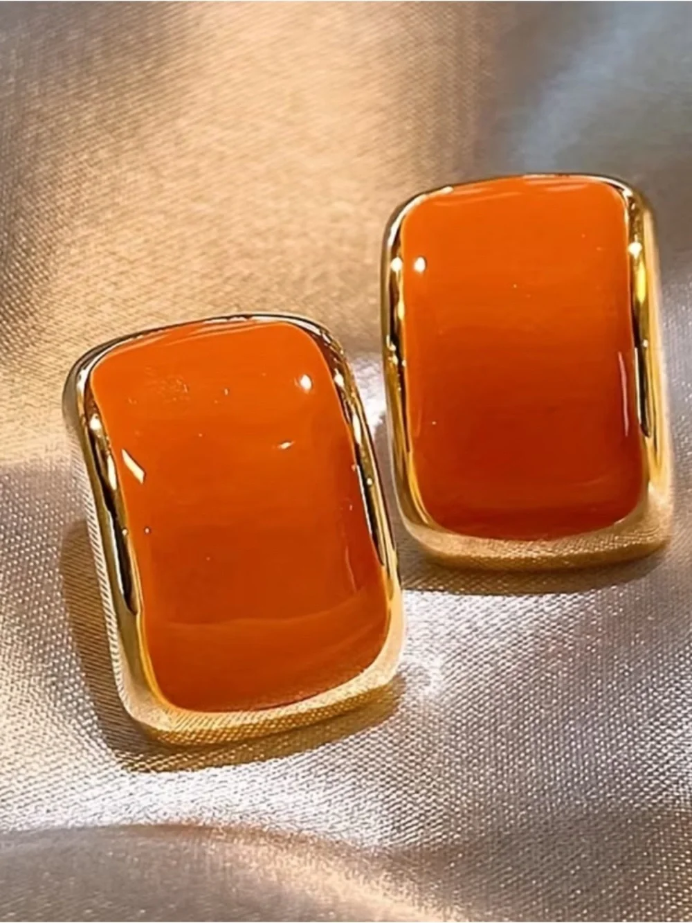 Gold-Tone Orange Rectangular Enamel Earrings - Picture 2 of 5